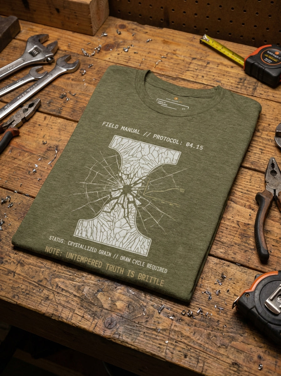 "Heather olive 'Temper' t-shirt laid flat on a rustic wooden workbench surrounded by industrial tools. The graphic features technical crystalline grain illustrations and Ephesians 4:15 references, designed as a conversation-starter."