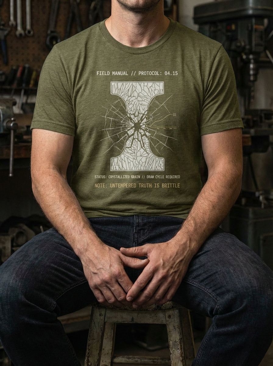 "Selah Supply Co. heather olive industrial faith t-shirt. Features a technical graphic of a shattered I-beam and a tempering 'draw cycle' graph. High-quality men's Christian streetwear styled in a garage workshop environment."