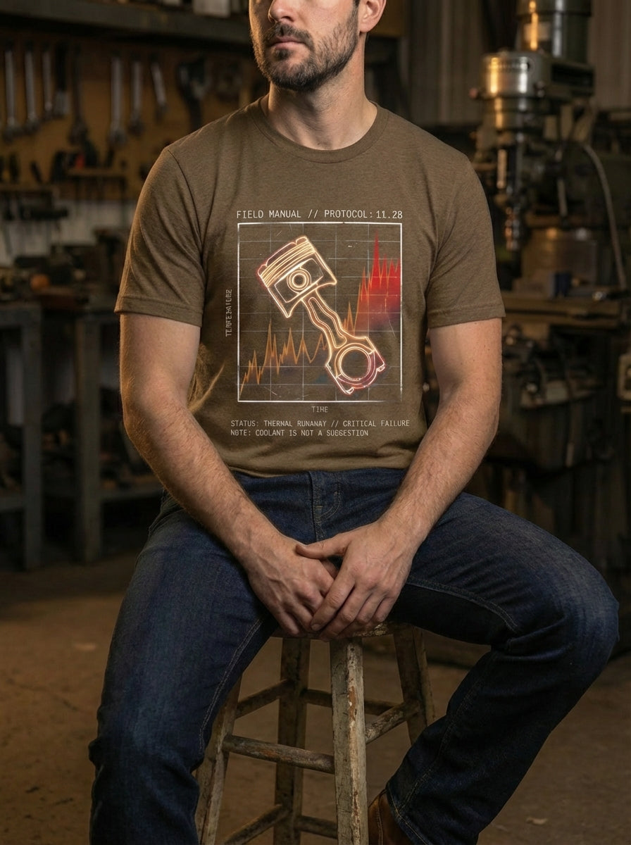"Selah Supply Co. heather brown Component: Thermal t-shirt. Technical industrial design with a 'Status: Thermal Runaway' message visualized through failing engine components. Styled in a technical workshop for a modern urban look."