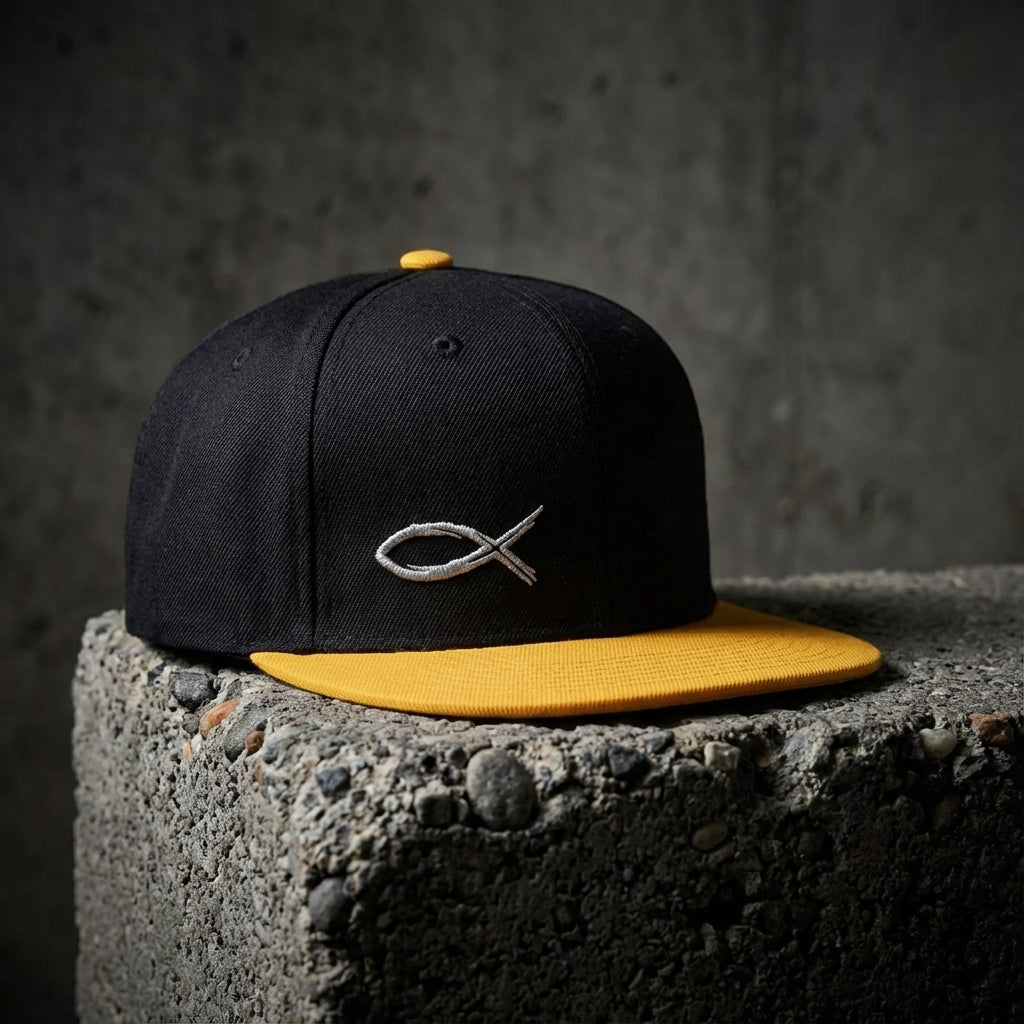 "Selah Supply Co. The Sand Sketch Snapback in gold and black. The hat is displayed on a textured concrete block, highlighting the white 'Jesus fish' embroidery and the industrial, urban vibe of the brand."