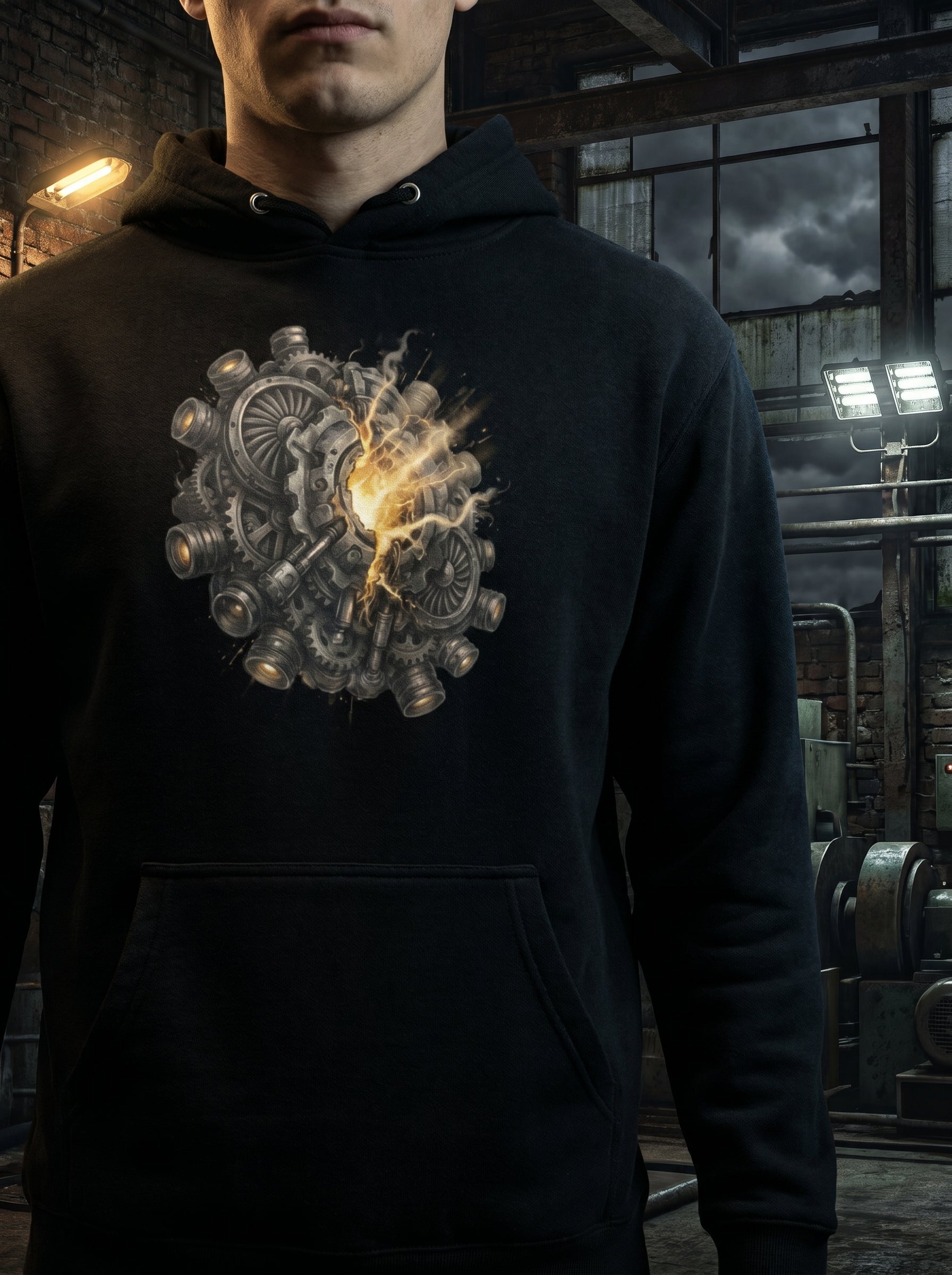 Front view of a model wearing the Black Transmission: Chariot // Freq: 01.16 hoodie, displaying the intricate multi-axial circular line-work graphic print.