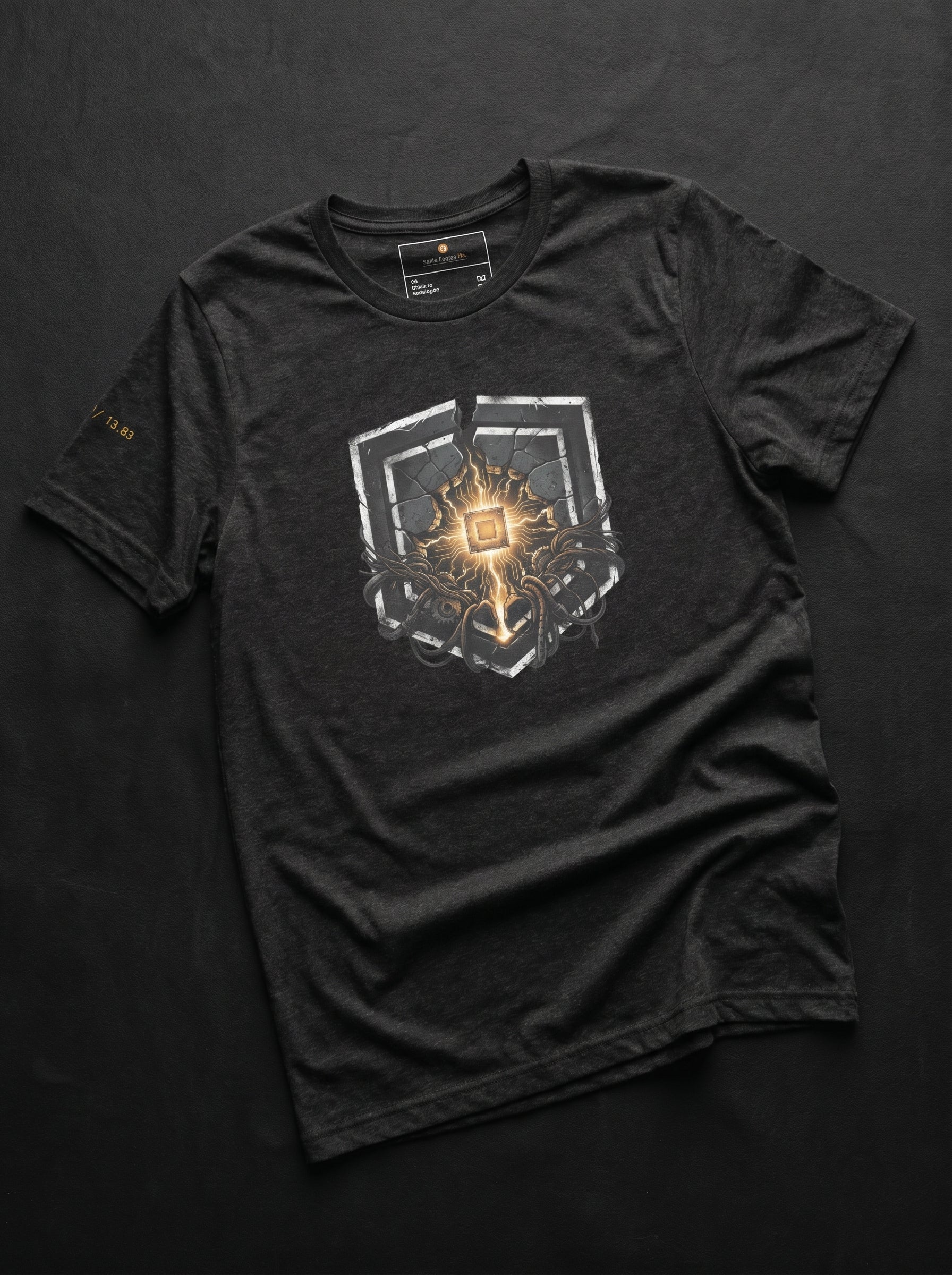 An isolated product flat-lay mockup of the premium dark gray heather cotton t-shirt, laid flat against a clean background. The layout showcases the high-contrast, centered chest graphic of the golden circular micro-chip emblem with sharp technical line accents.