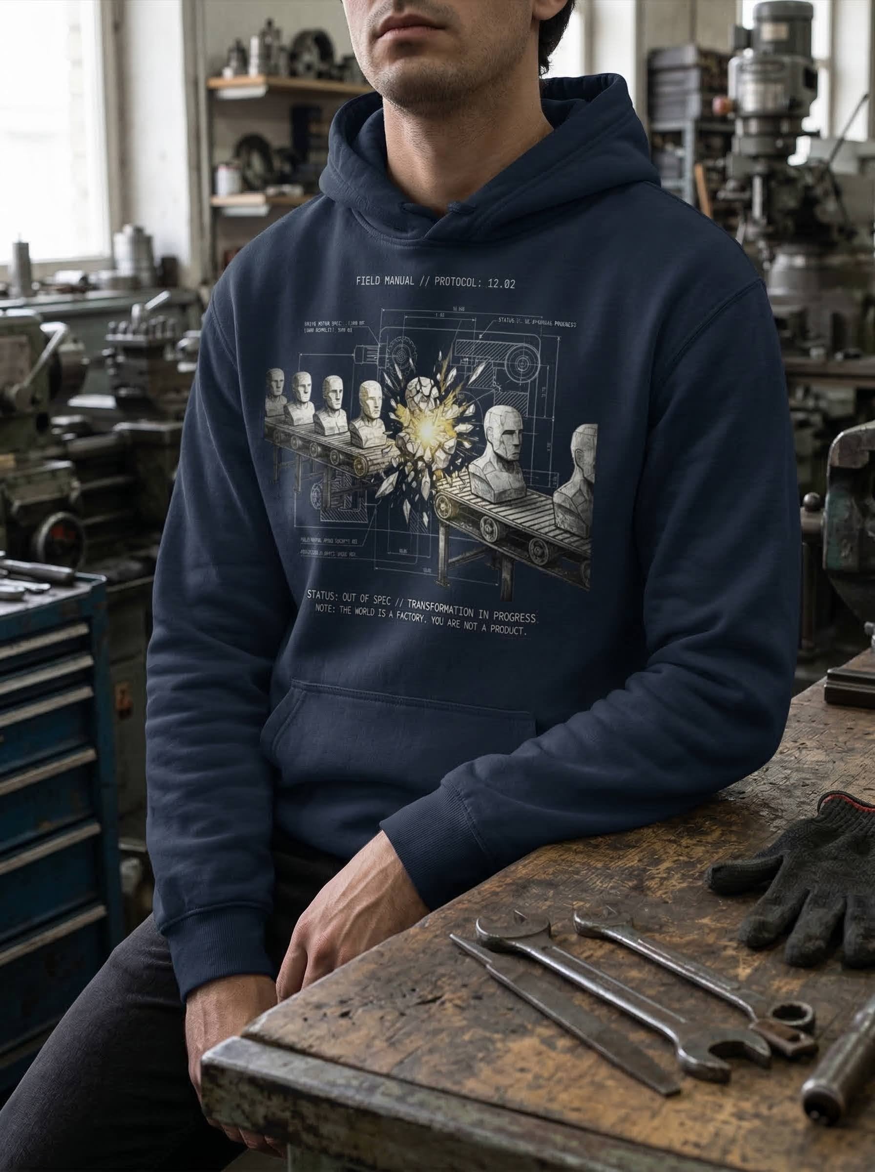 Selah Supply Co. Component: Deviation Spec 12.02 navy blue Christian streetwear hoodie featuring an industrial Romans 12:2 graphic design. High-quality men's faith apparel with technical 'Status: Out of Spec' artwork, perfect for urban Christian fashion.